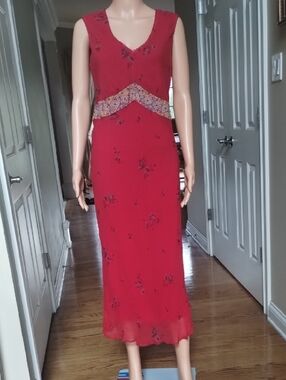 Red ECI 100% Silk Floral Sleeveless Maxi Dress with Embroidered Waistband